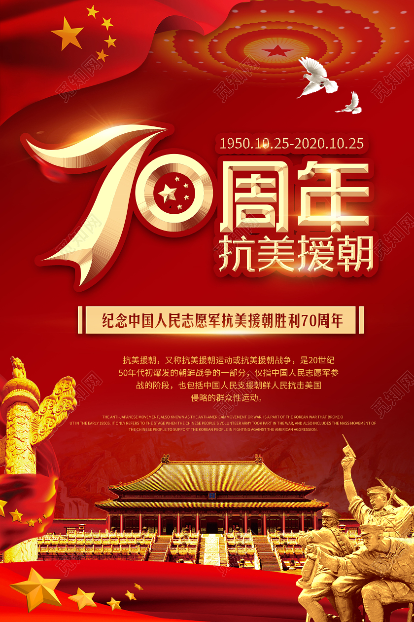 红色大气抗美援朝海报