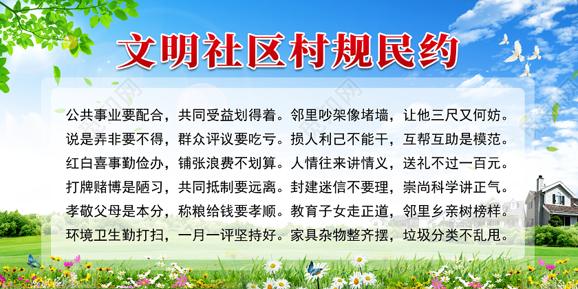 蓝色简约文明社区村规民约展板