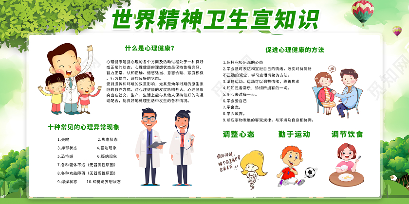 绿色卡通世界精神卫生日知识宣传栏展板设计