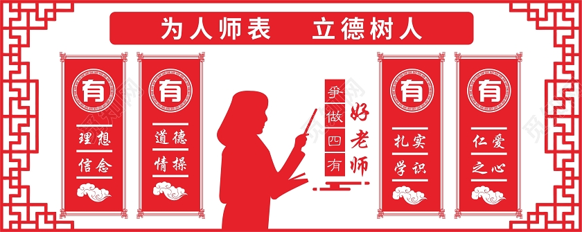 红色中国风为人师表立德树人四有好老师文化墙