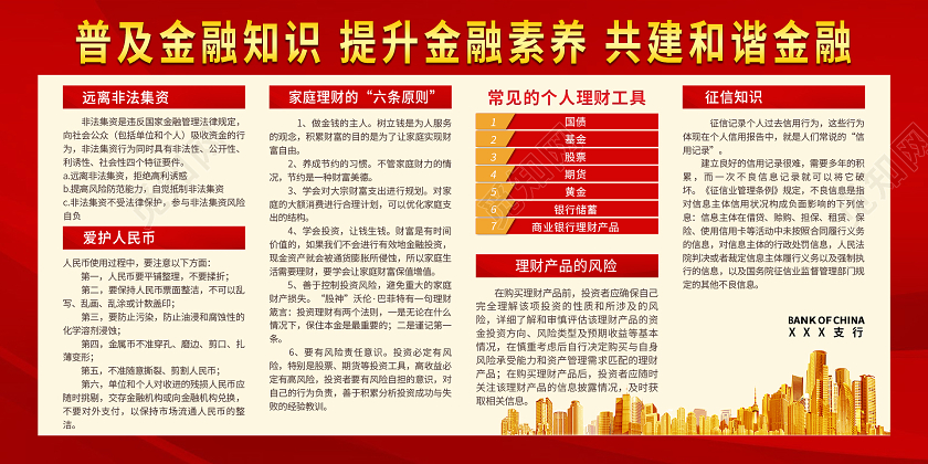 红色大气普及金融知识提升金融素养共建和谐金融展板