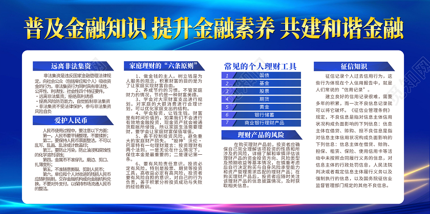 蓝色简约普及金融知识提升金融素养金融知识展板