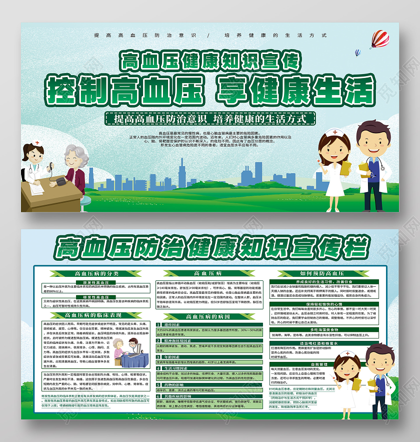 绿色卡通控制高血压享健康生活全国高血压日展板