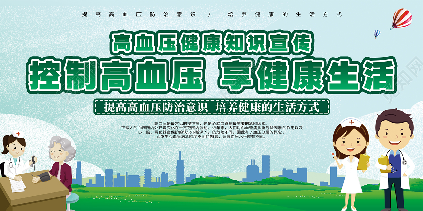 绿色卡通控制高血压享健康生活全国高血压日展板