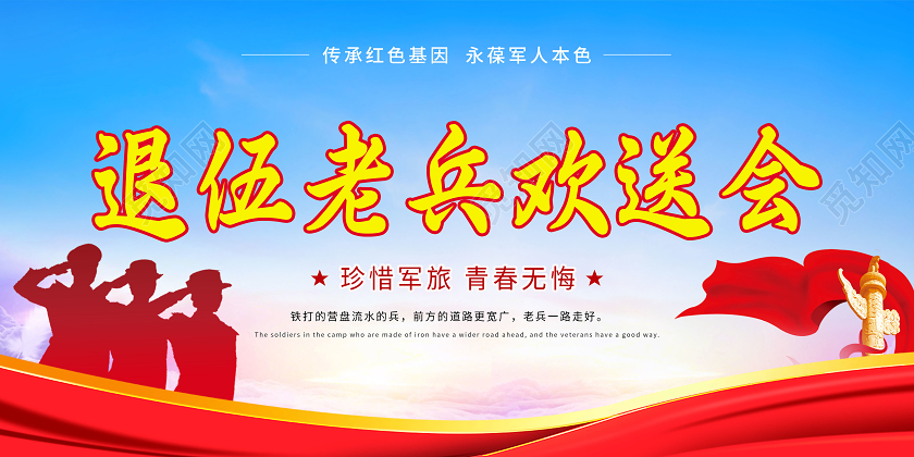蓝色军旅退伍老兵欢送会展板