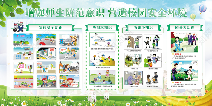 蓝色大气水彩城市卡通校园安全公告栏展板