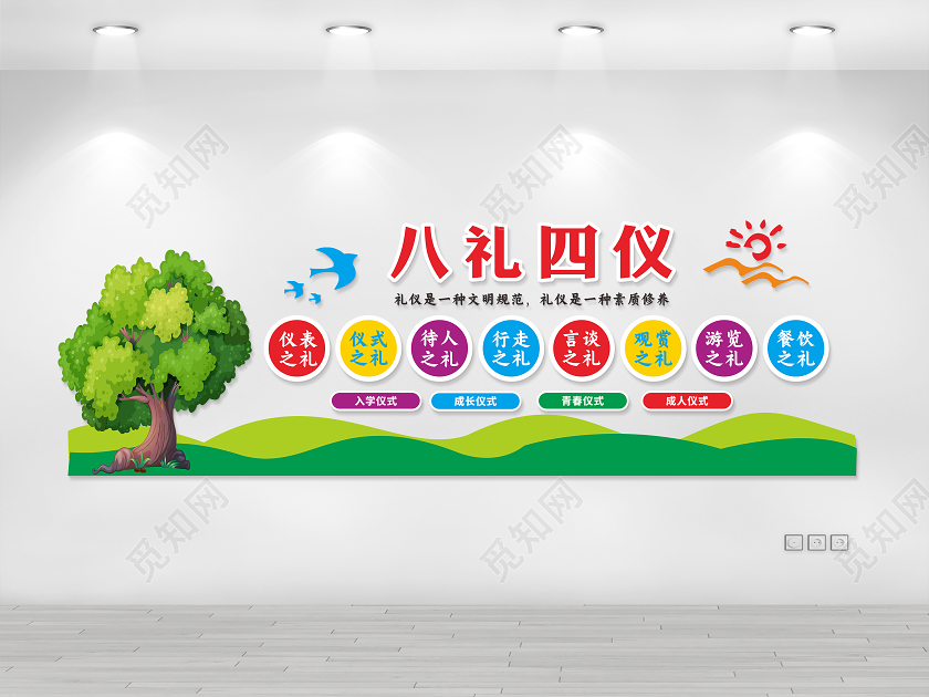 绿色卡通八礼四仪文化墙
