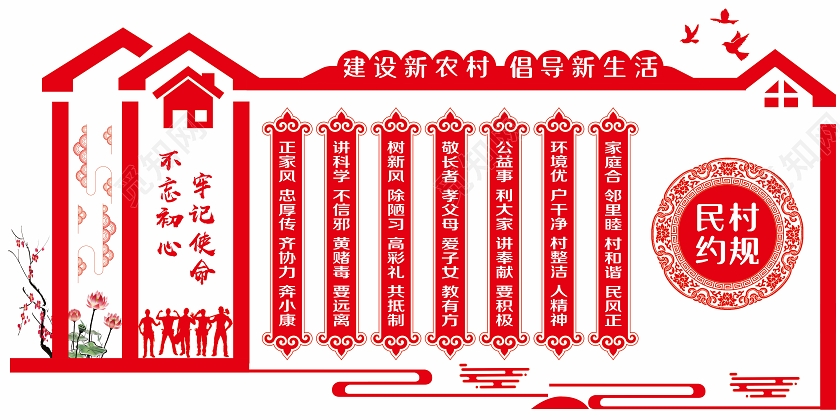 大气红色建设新农村倡导新生活村规民约文化墙