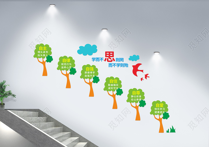 绿色创意卡通风学而不思则罔校园楼梯文化墙