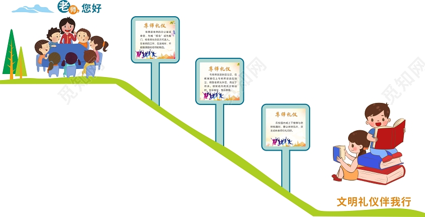 绿色卡通风老师你好校园楼梯文化墙