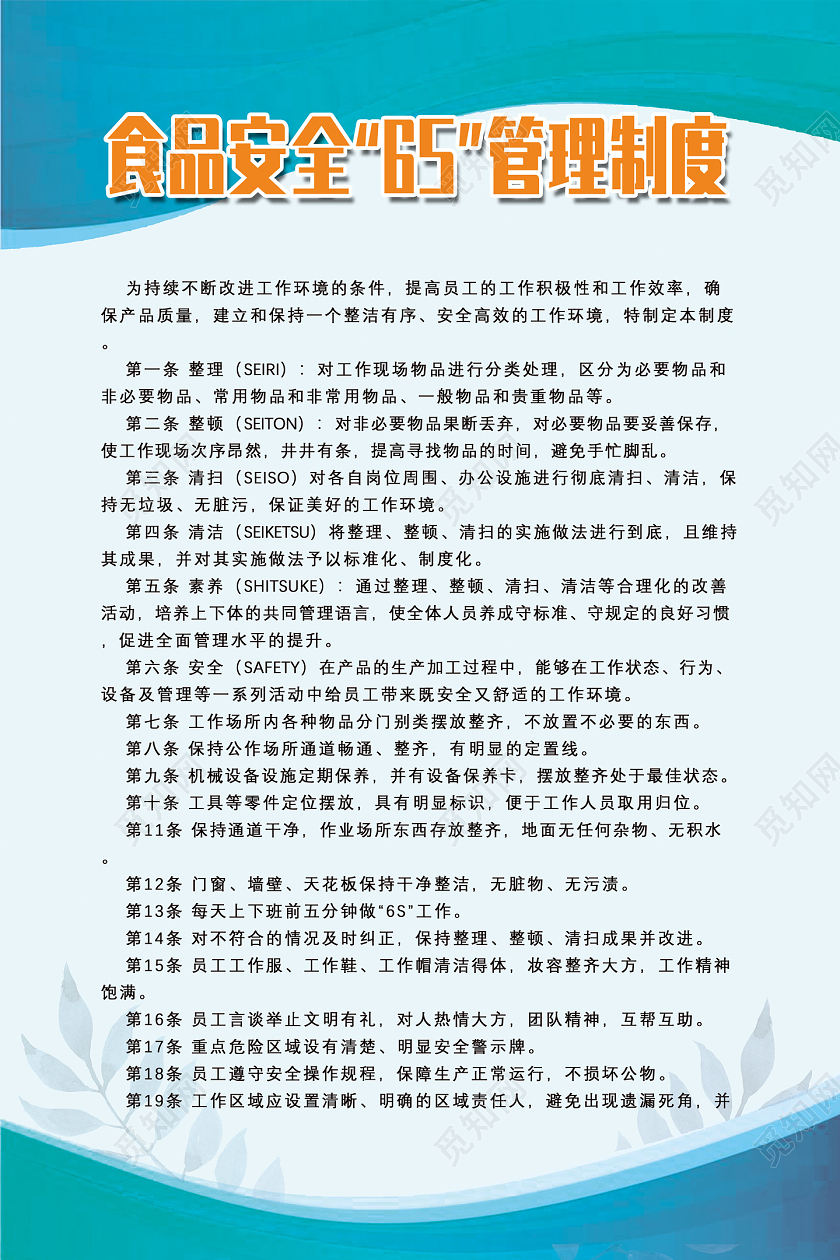 蓝色简约食品安全6S管理制度海报食品安全6s