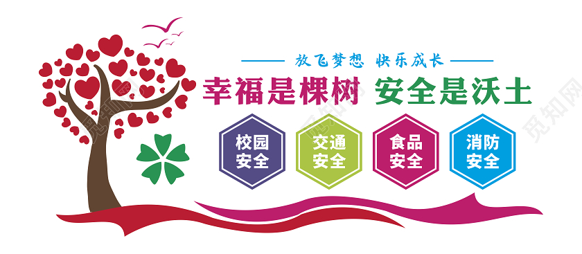 彩色卡通校园安全文化墙幸福是棵树安全是沃土校园文化墙