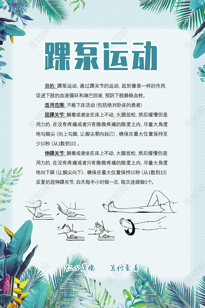 绿色手绘植物踝泵运动健康教育海报
