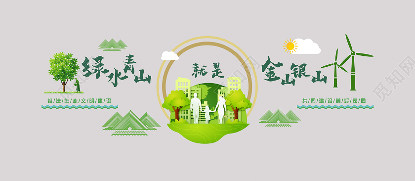 绿色小清新创意党建绿水金山就是金山银山绿水青山就是金山银山文化墙