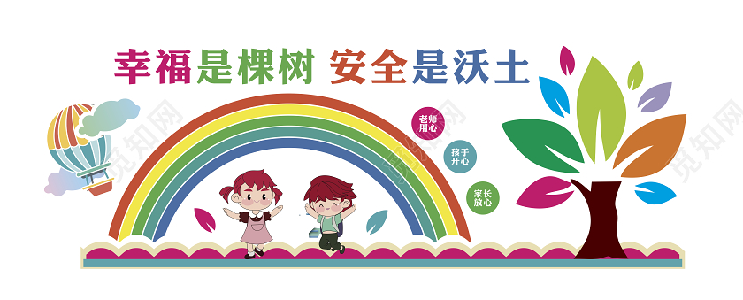 彩色卡通校园安全文化墙幸福是棵树安全是沃土校园文化墙