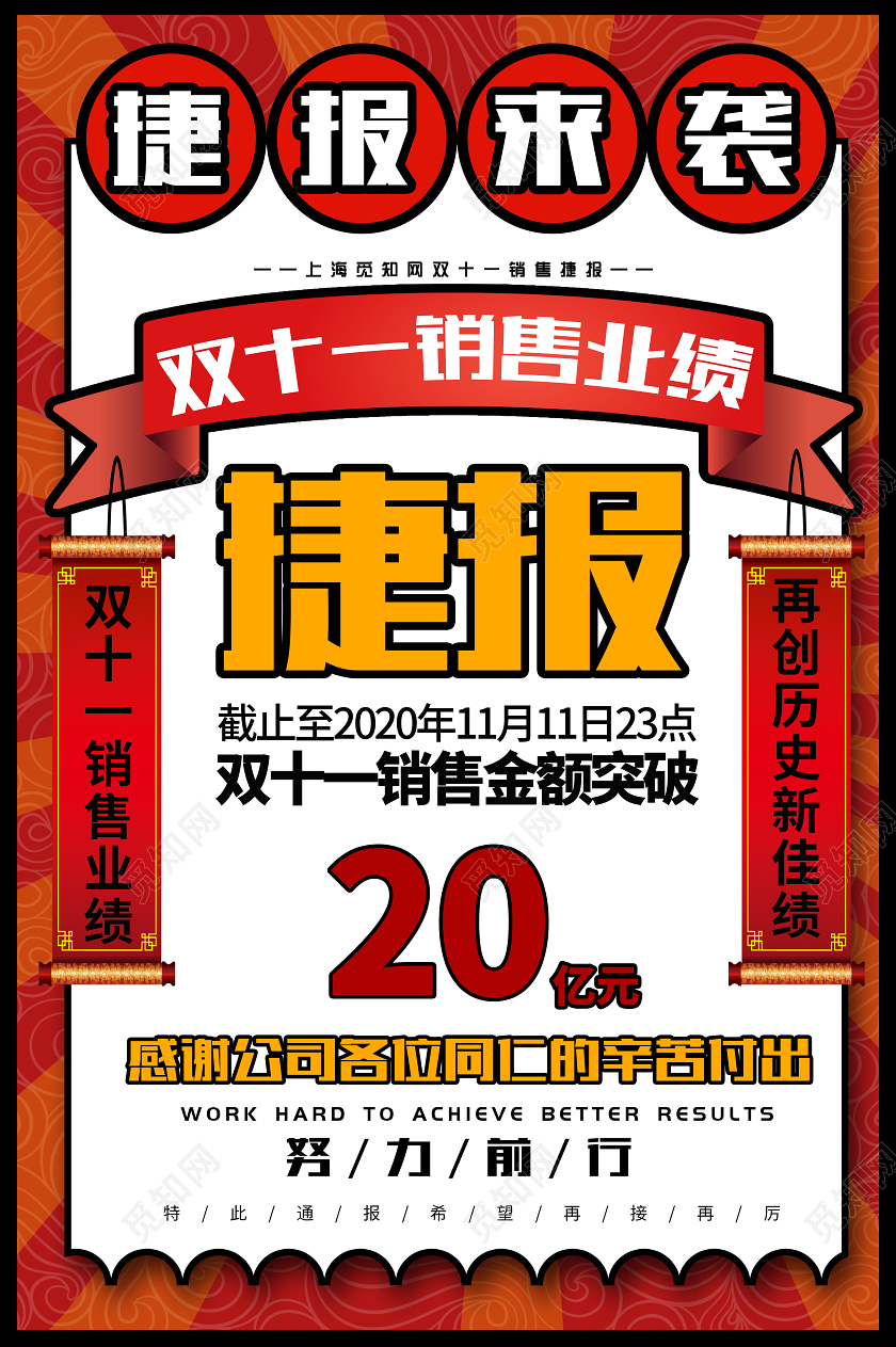 红色复古双十一战报捷报来袭销售业绩海报