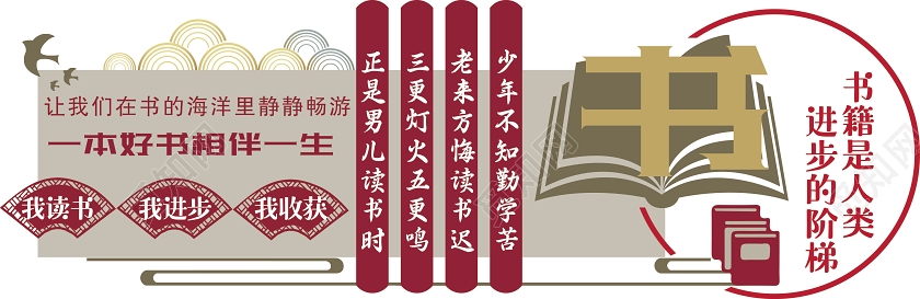 红色中式读书校园文化墙图书馆文化墙