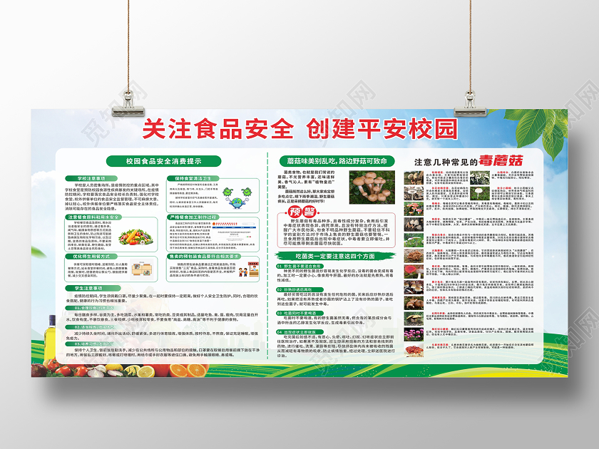 蓝绿色矢量大气关注食品安全创建平安校园宣传栏校园食品安全