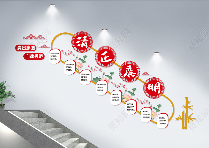 中国风简约大气党建廉政文化墙党建廉政楼梯文化墙