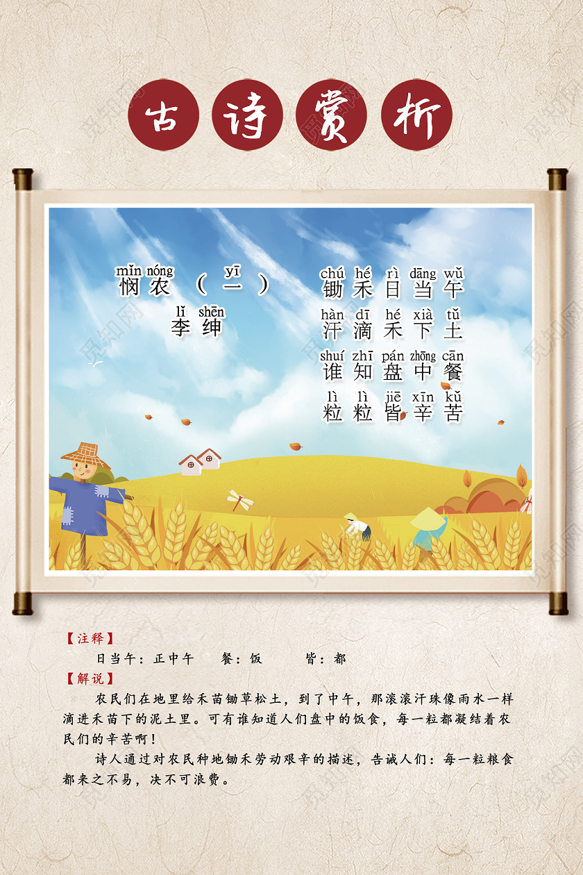 黄色中国风古诗赏析悯农海报