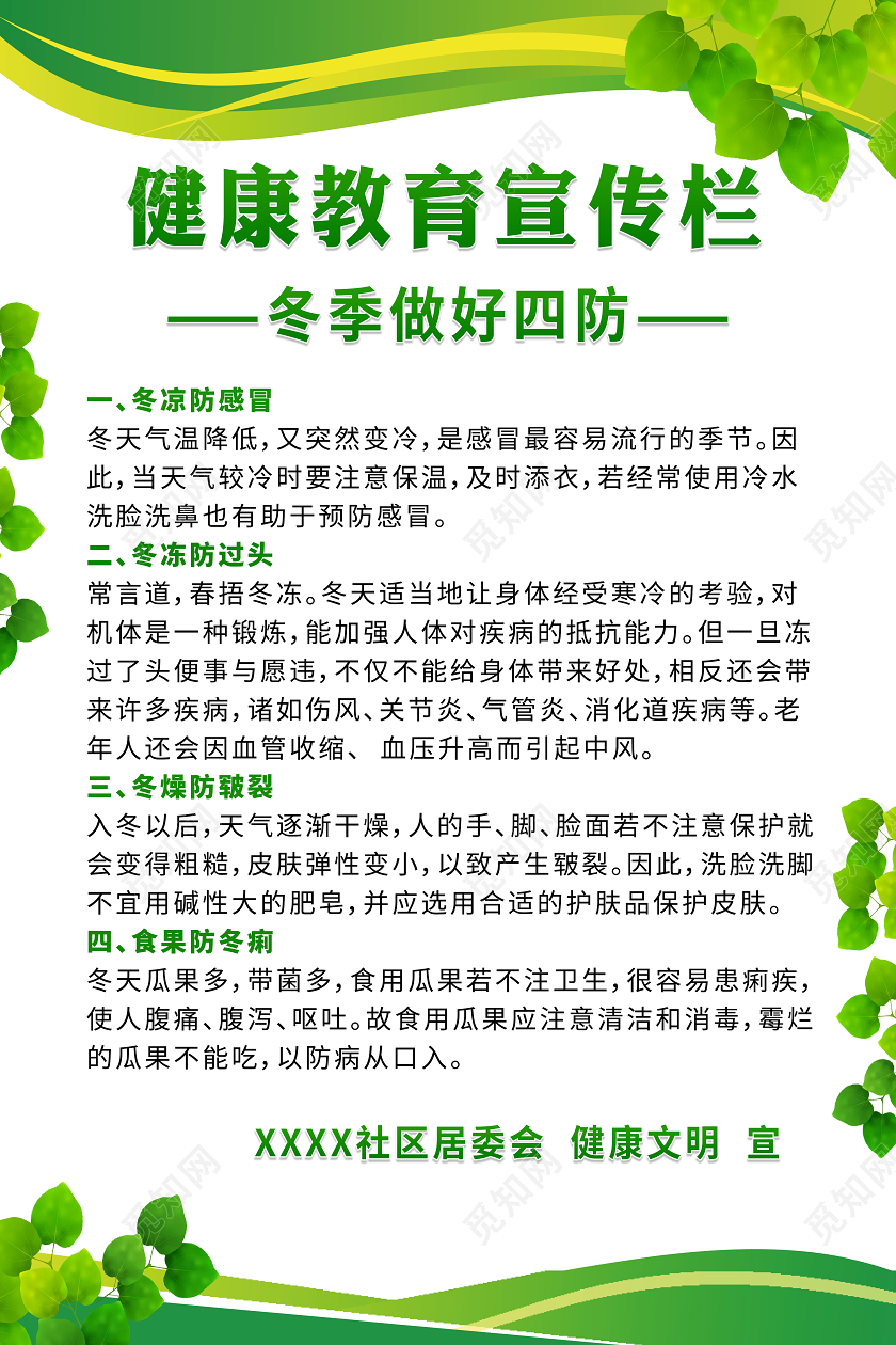 绿色健康教育冬季四防宣传海报