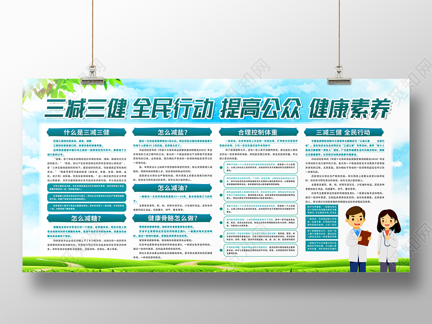 绿色卡通三减三健全民行动提高公众健康素养展板
