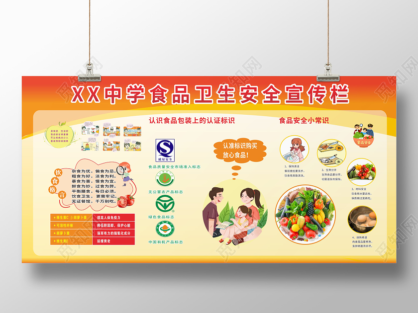 红黄渐变矢量大气中学食品卫生安全宣传栏校园食品安全