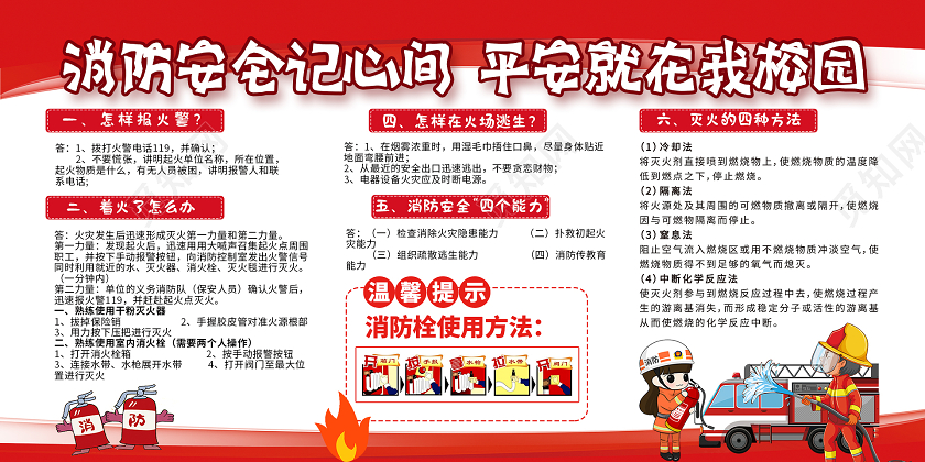 简约大气红色系消防安全记心间平安就在我校园校园消防宣传展板