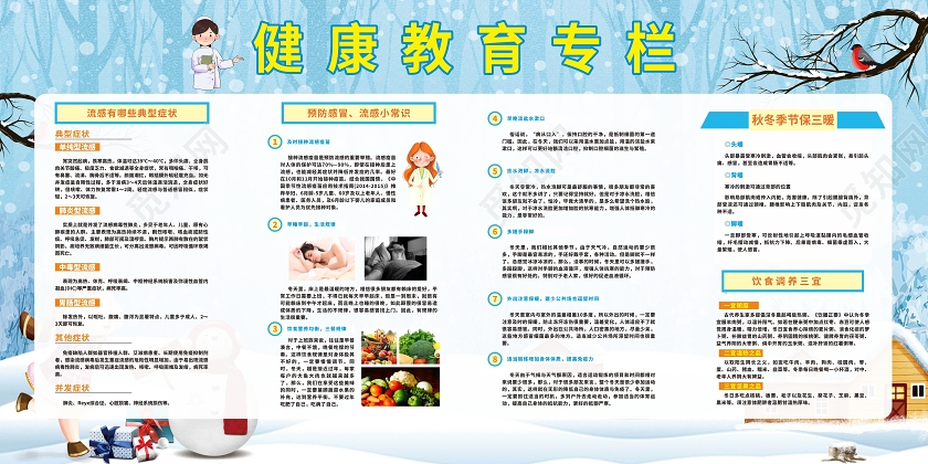 蓝色冬季卡通风健康教育专栏秋冬季展板
