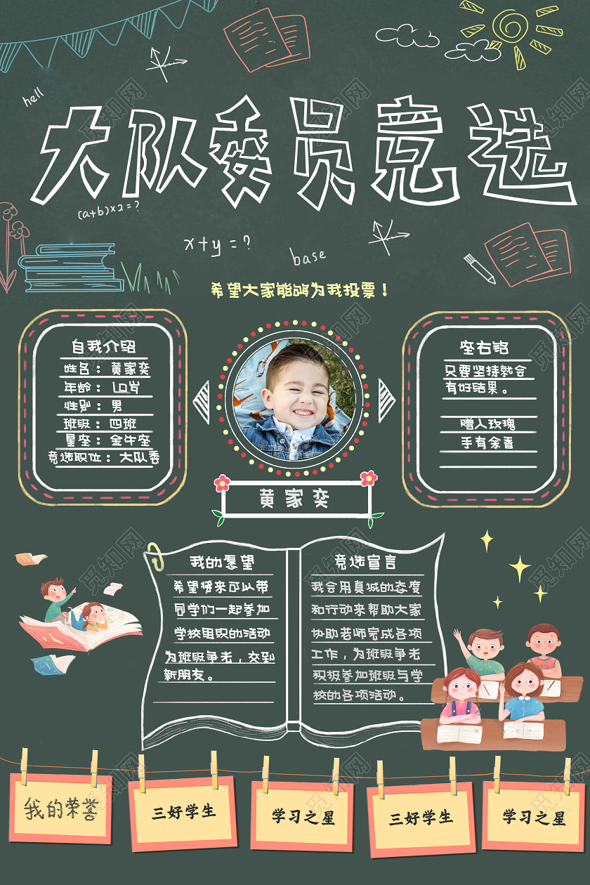 绿色黑板线条大队委竞选海报