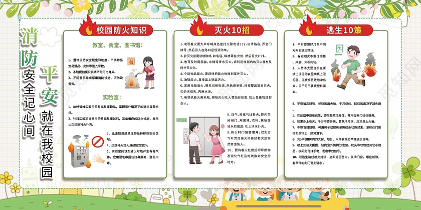 简约大气绿色系消防安全记心间平安就在我校园校园消防宣传展板