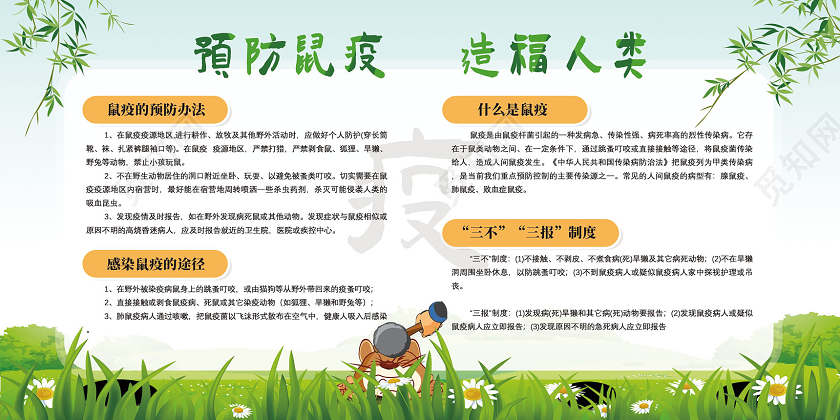 蓝天草地卡通预防鼠疫造福人类健康教育宣传栏鼠疫
