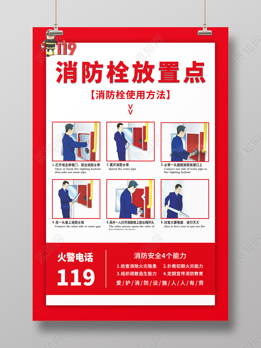 红色简约大气消防栓放置点使用方法海报消防栓使用方法