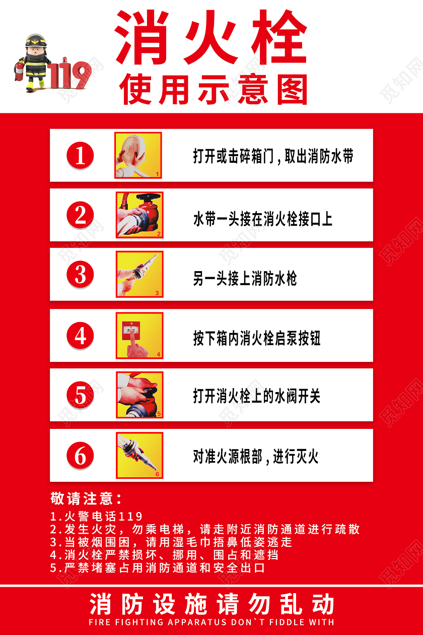红色简约大气消火栓使用示意图海报消防栓使用方法