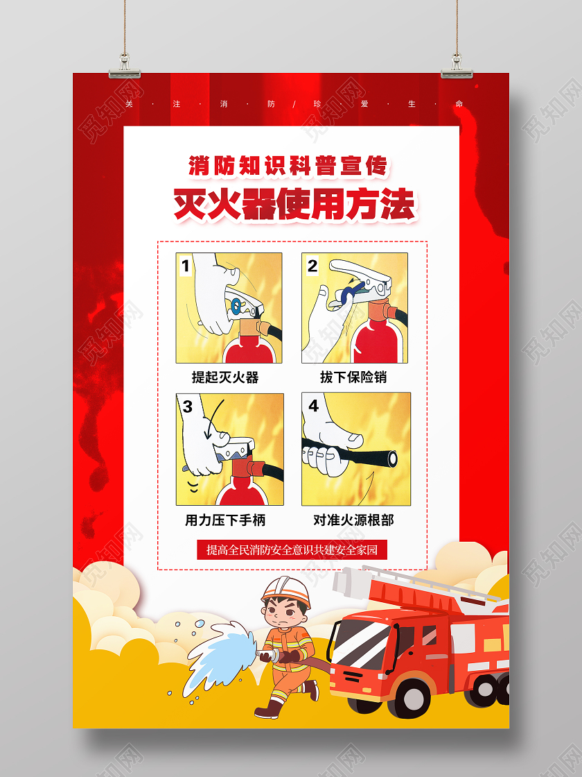 红色插画灭火器使用方法消防知识科普宣传海报