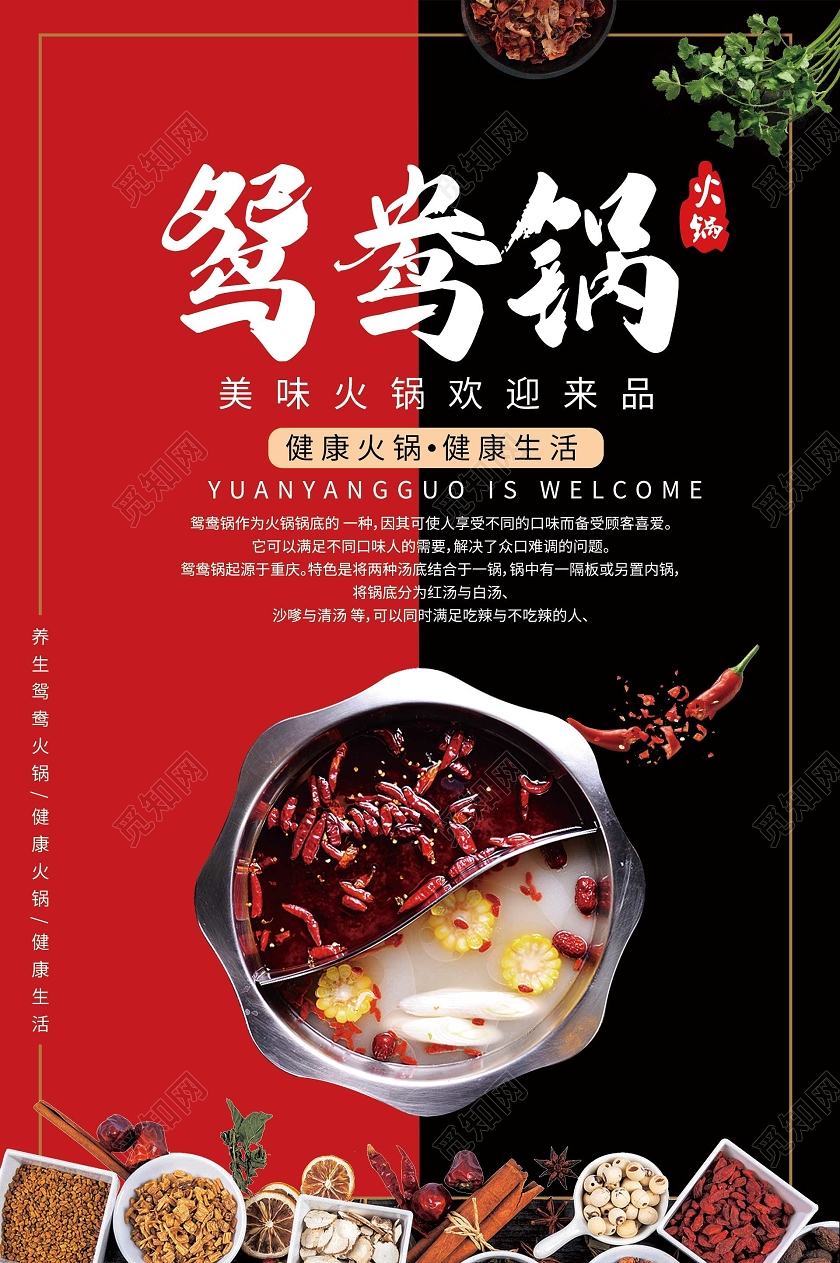 简约大气红色系鸳鸯火锅美食火锅宣传海报
