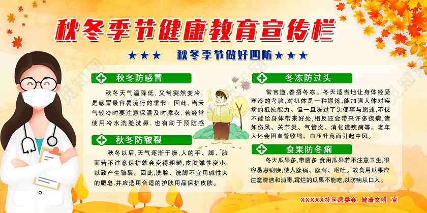 橙色卡通秋冬季健康教育宣传栏秋冬季四防展板