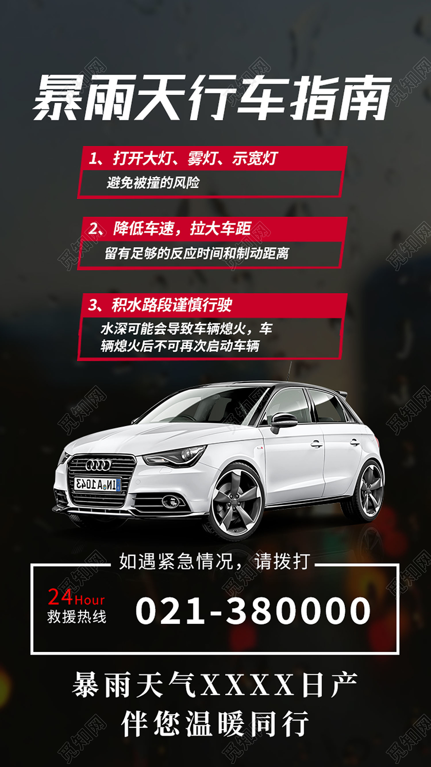 黑色简约暴雨天行车指南雨天行车温馨提示手机海报