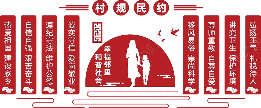 红色创意剪纸风幸福邻里和谐社会村规民约文化墙