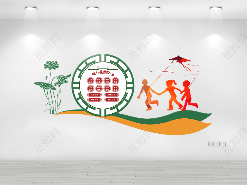 黄绿创意剪纸风八礼四仪文化墙