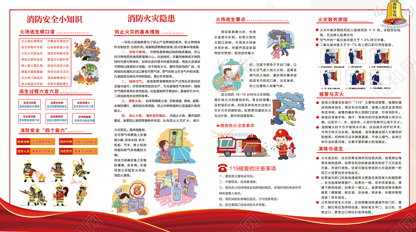 119消防宣传日红色大气消防安全知识常识消防四折页
