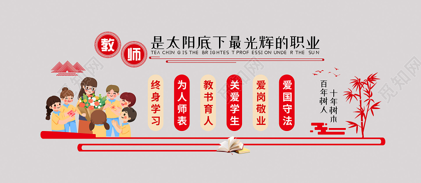 红色简约大气师风师德文化墙