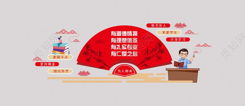 红色简约大气师风师德文化墙