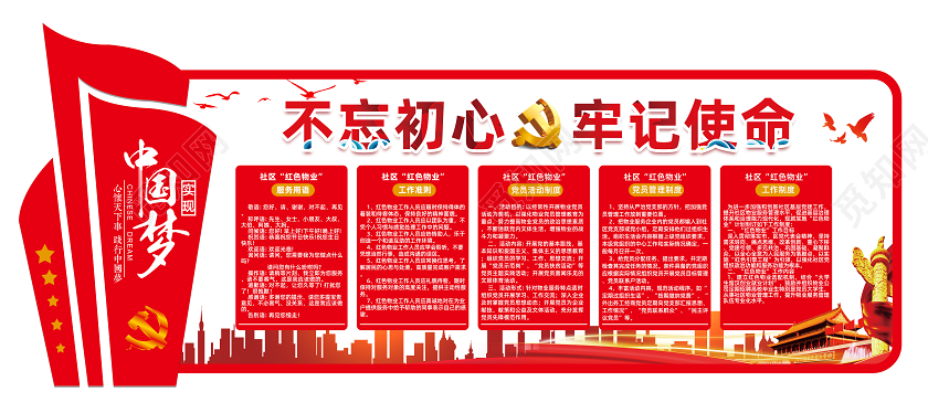 红色不忘初心牢记使命物业党建文化墙红色物业文化墙