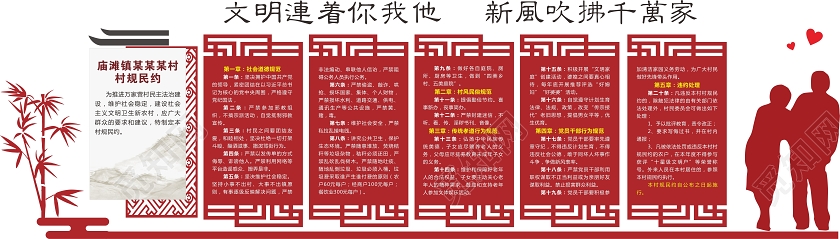 红色创意中国风文明连着你我他新风吹拂千万家村规民约文化墙