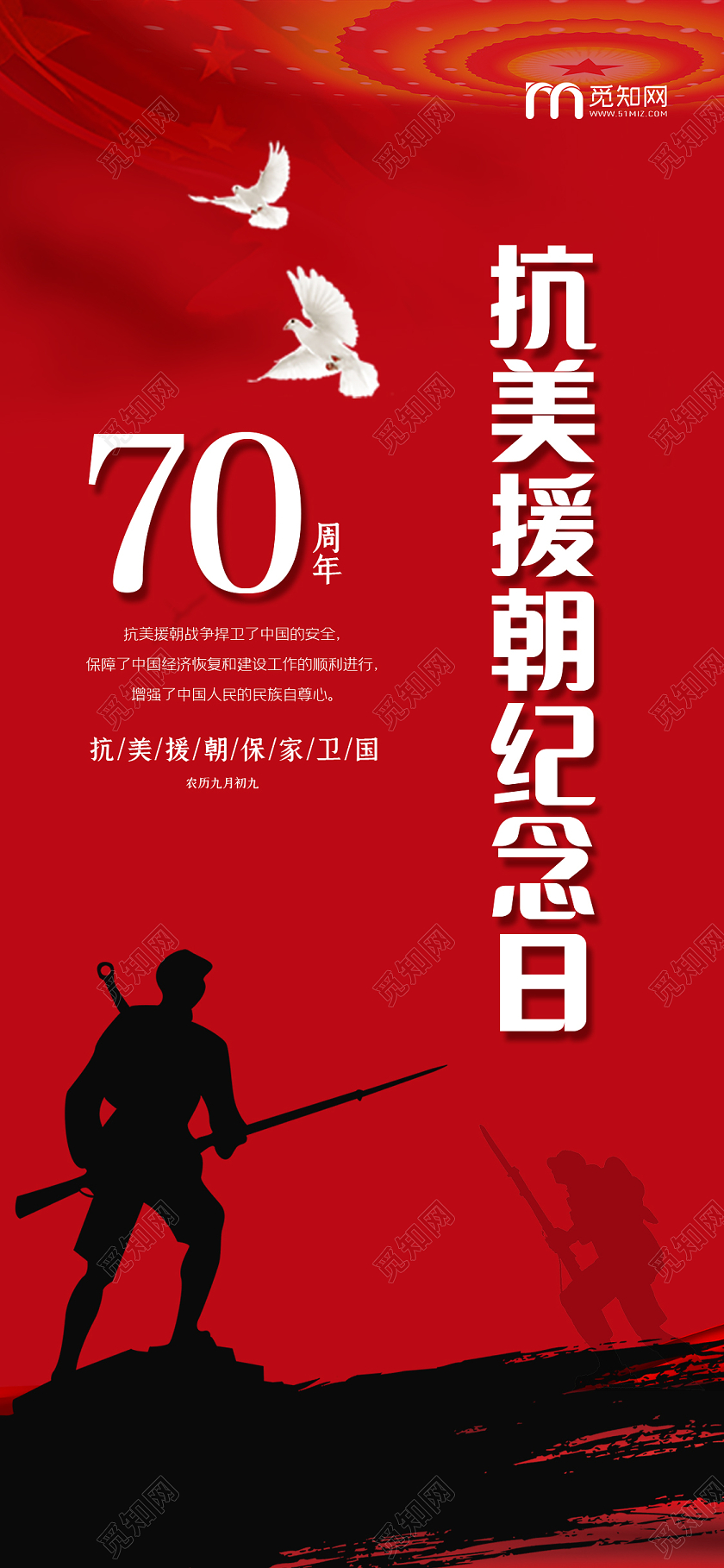 红色简约抗美援朝手机海报