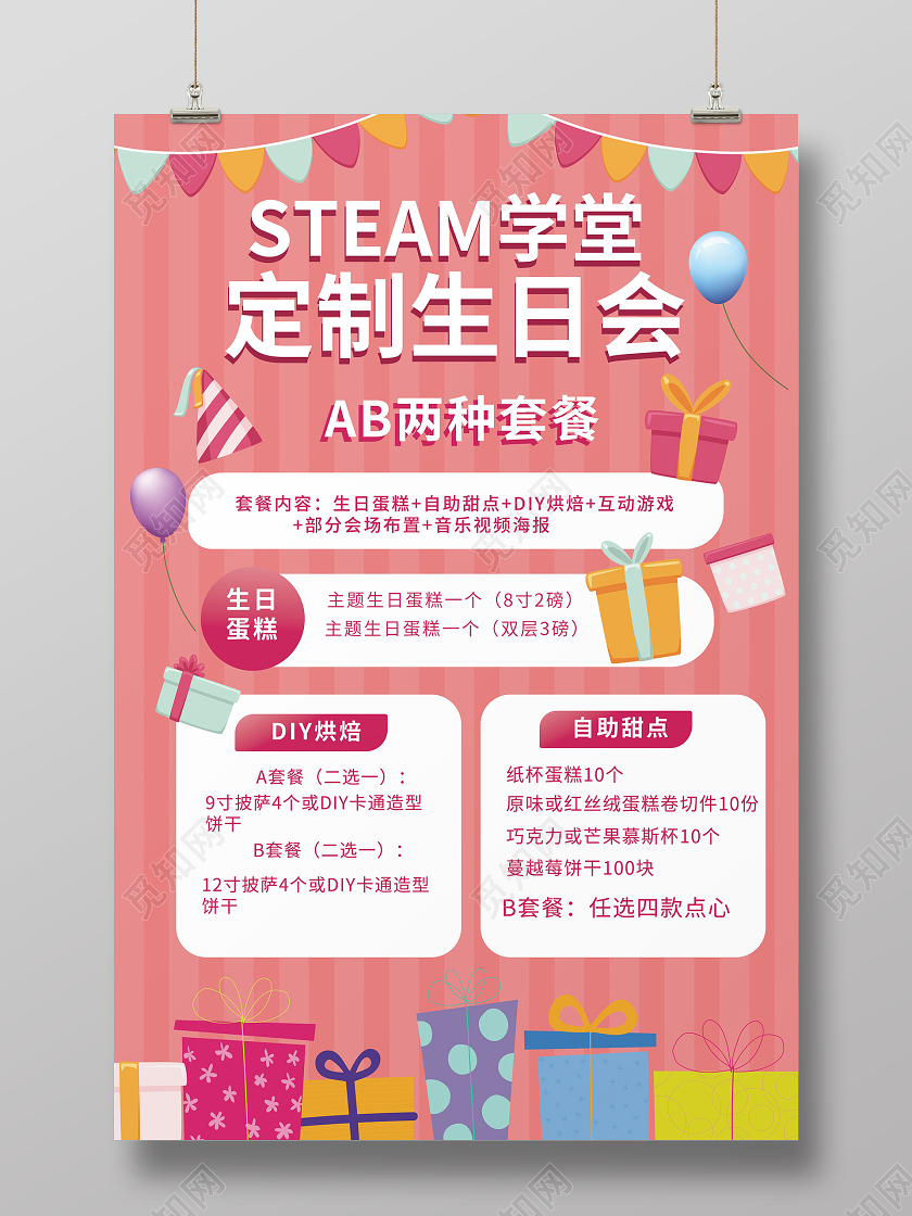 粉红色卡通风格定制生日会生日蛋糕促销海报设计生日会海报