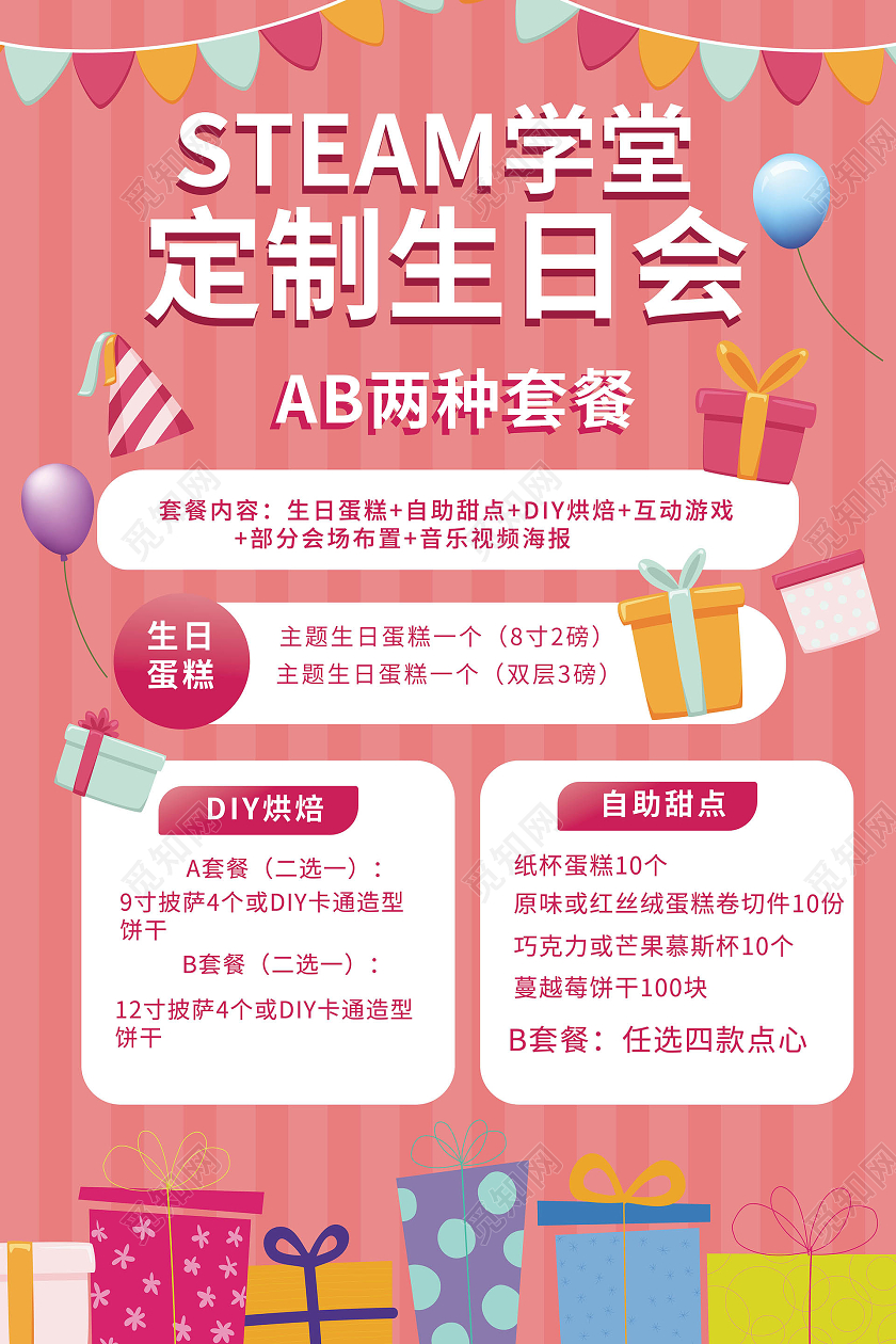 粉红色卡通风格定制生日会生日蛋糕促销海报设计生日会海报