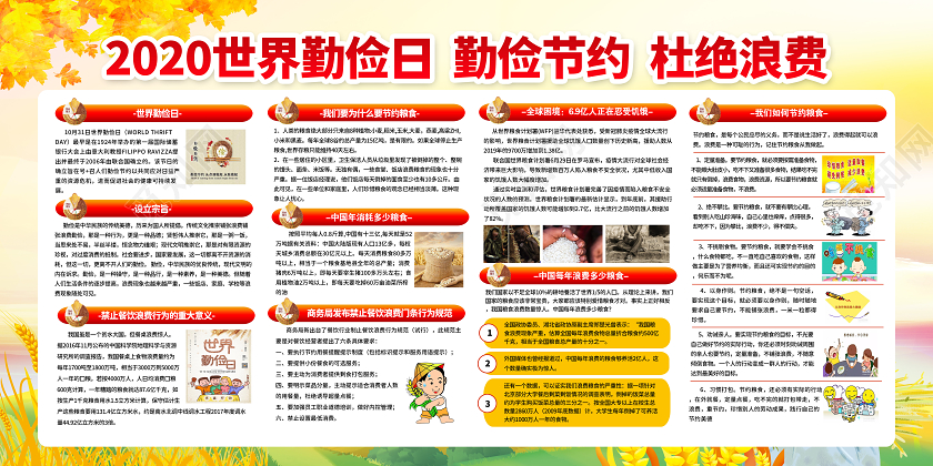 黄色卡通世界勤俭日节约粮食勤俭节约爱惜粮食宣传展板
