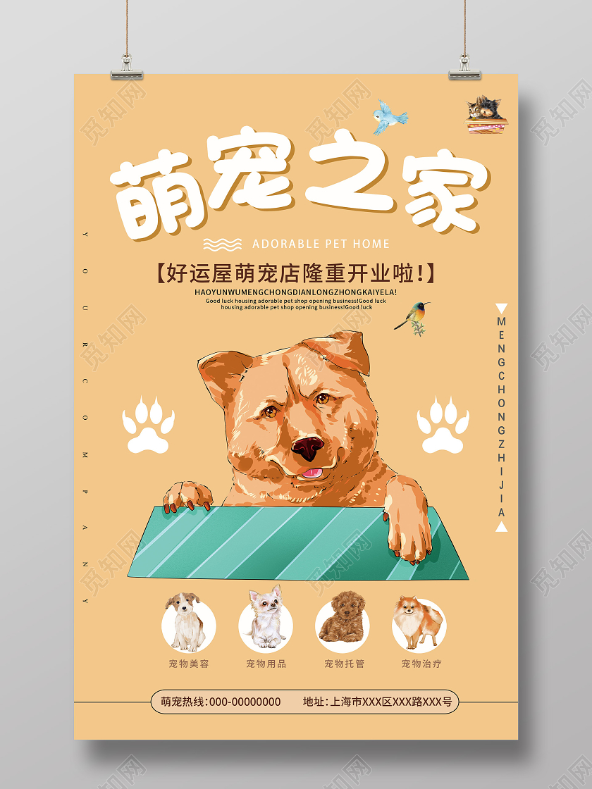 黄色简约萌宠之家宠物店开业宣传活动海报宠物海报